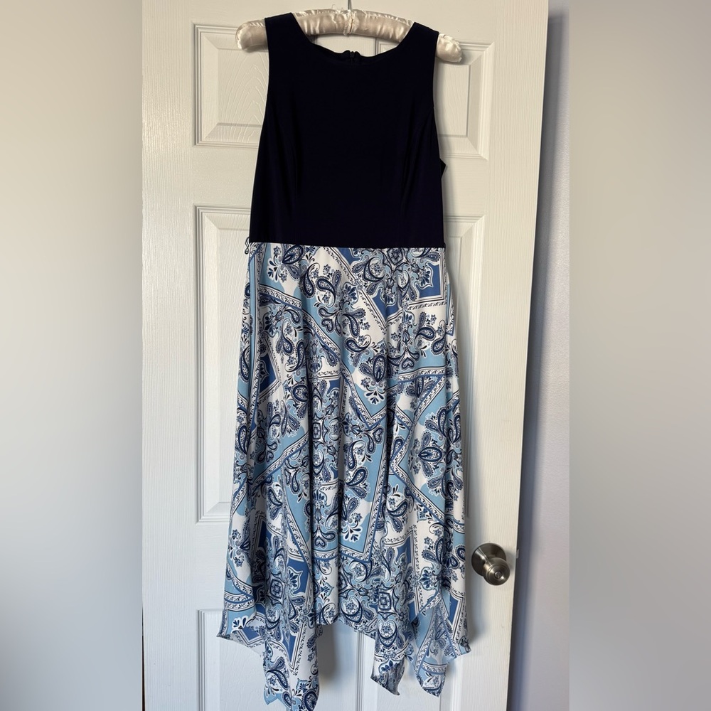 Jessica Howard Navy/Blue Paisley Handkerchief Hem Dress | Size 10